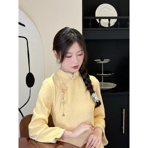 LSB4074改良旗袍黄色2025新款少女日常显白新中式连衣裙复古日常倒大袖秋 商品图0