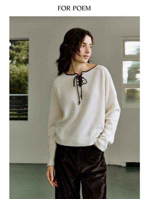 ForPoem 现货 25/FW原创设计感撞色刺绣边小V领绑带百搭针织衫上衣 商品图3
