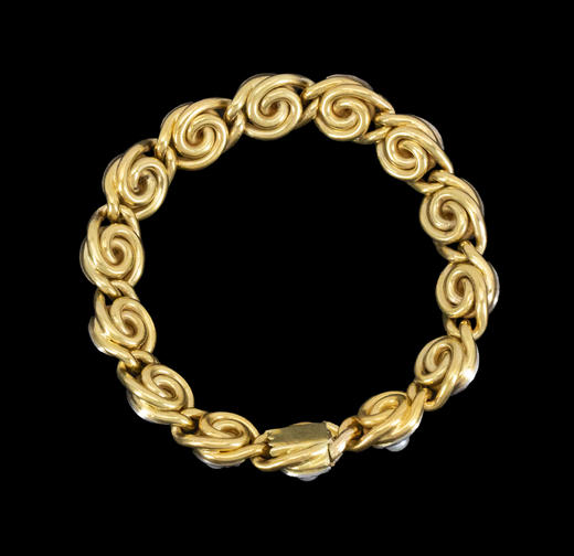 独角鹿西洋古董1900年代法国出品曲链式旋涡造型18K黄金镶嵌天然海水珍珠及钻石手链 商品图6