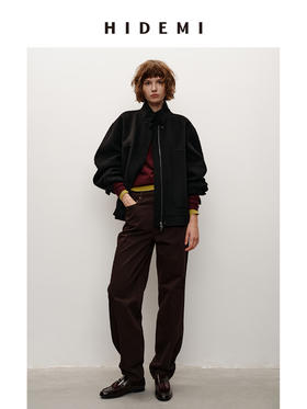 HIDEMI 进口澳洲美利奴羊毛立领廓形双面呢空军夹克短款大衣女