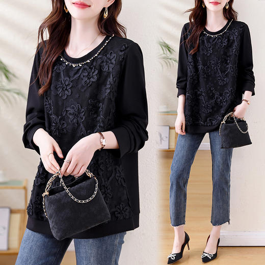 KQL A56N8122时尚蕾丝圆领卫衣宽松上衣 商品图1