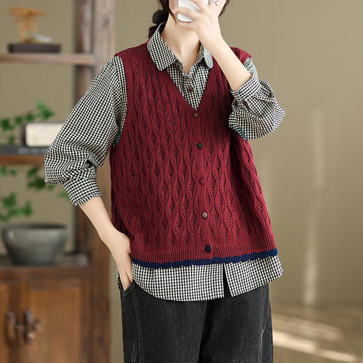 GYH 9253拼色马甲开衫扣子宽松针织复古上衣 商品图3