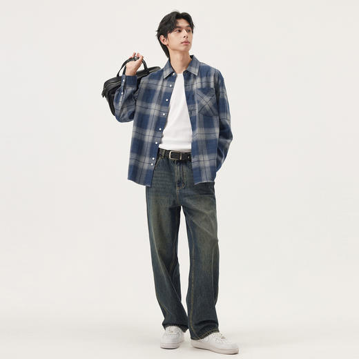 gxg.jeans男装 蓝色格纹简约通勤宽松长袖衬衫上衣男 25年秋热卖 商品图3