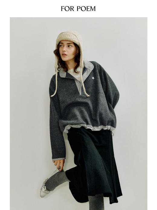 ForPoem 现货 25/FW原创设计针织羊毛格纹拼色宽松慵懒立领卫衣 商品图4