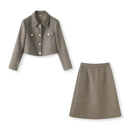 「高货wl」全新升级【铂金会员441/天猫599/差价158】(99910)洛诗琳法式小香风人字纹毛呢短外套高腰A字半身裙两件套 商品图4