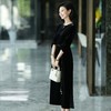 西子/暗夜玫瑰设计感圆领丝绒黑色连衣裙/CQBH2278 商品缩略图1