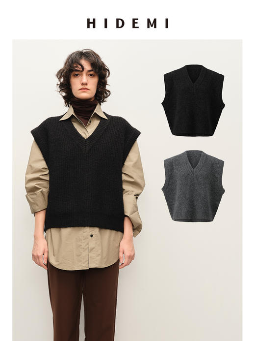 HIDEMI 甄选羊驼毛系列进口羊驼毛加厚款V领大廓形极简宽松马甲背心 商品图0