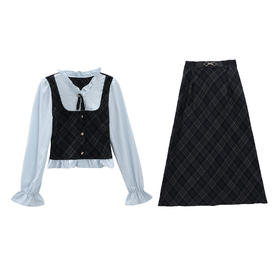 鹿向南「伦艺预科生」韩系学院风设计感女秋季假两件上衣半裙套装