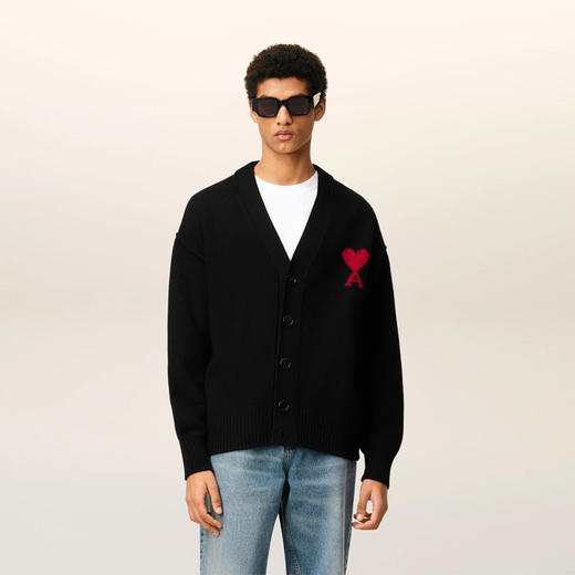AMI 男女同款心形徽标刺绣嵌花羊毛针织开衫 黑色 UKC367 018 009 商品图1