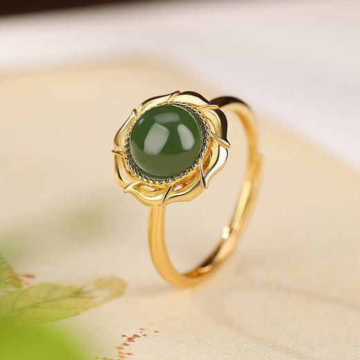 S925纯银镀金和田玉碧玉玫瑰圆珠戒指CW 商品图1