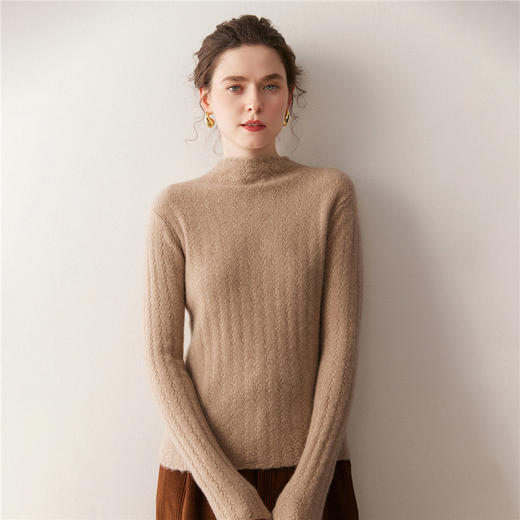 「高货QJ」全新升级【铂金会员404/天猫539/差价135】(92115)洛诗琳半高领树叶纹提花羊绒衫2025秋冬新款修身显瘦毛衣 商品图3