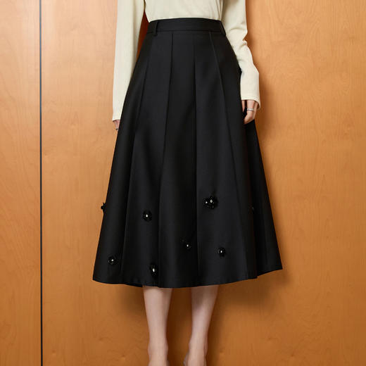 A53902025秋季新款高腰显瘦A字半身裙花朵钉珠中长裙 商品图4