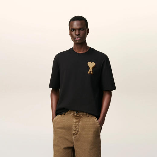AMI 男女同款心形徽标贴片棉质圆领短袖T恤 黑色 UTS352 726 001 商品图1