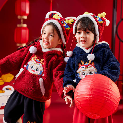 【清仓】嘟嘟家儿童新年卫衣红色拜年服女童连帽新年装宝宝加厚上衣冬BSG123DWY396 商品图0