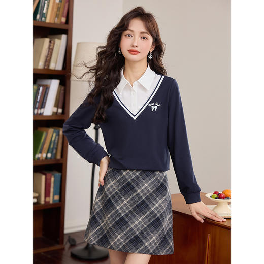 【年终特卖】熙世界【学院风假两件卫衣】文艺百搭春秋款衬衫翻领女士上衣 商品图1