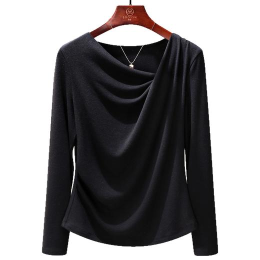 「自j」全新升级【铂金会员119/天猫159/差价40】(93203)洛诗琳新款设计感皱褶显瘦T恤2025秋季不规则荡领气质上衣女 商品图4