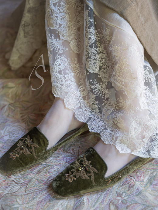 Emma Hope 25AW 赤陶色/橄榄绿丝绒手工珠绣阿尔伯特鞋 商品图4