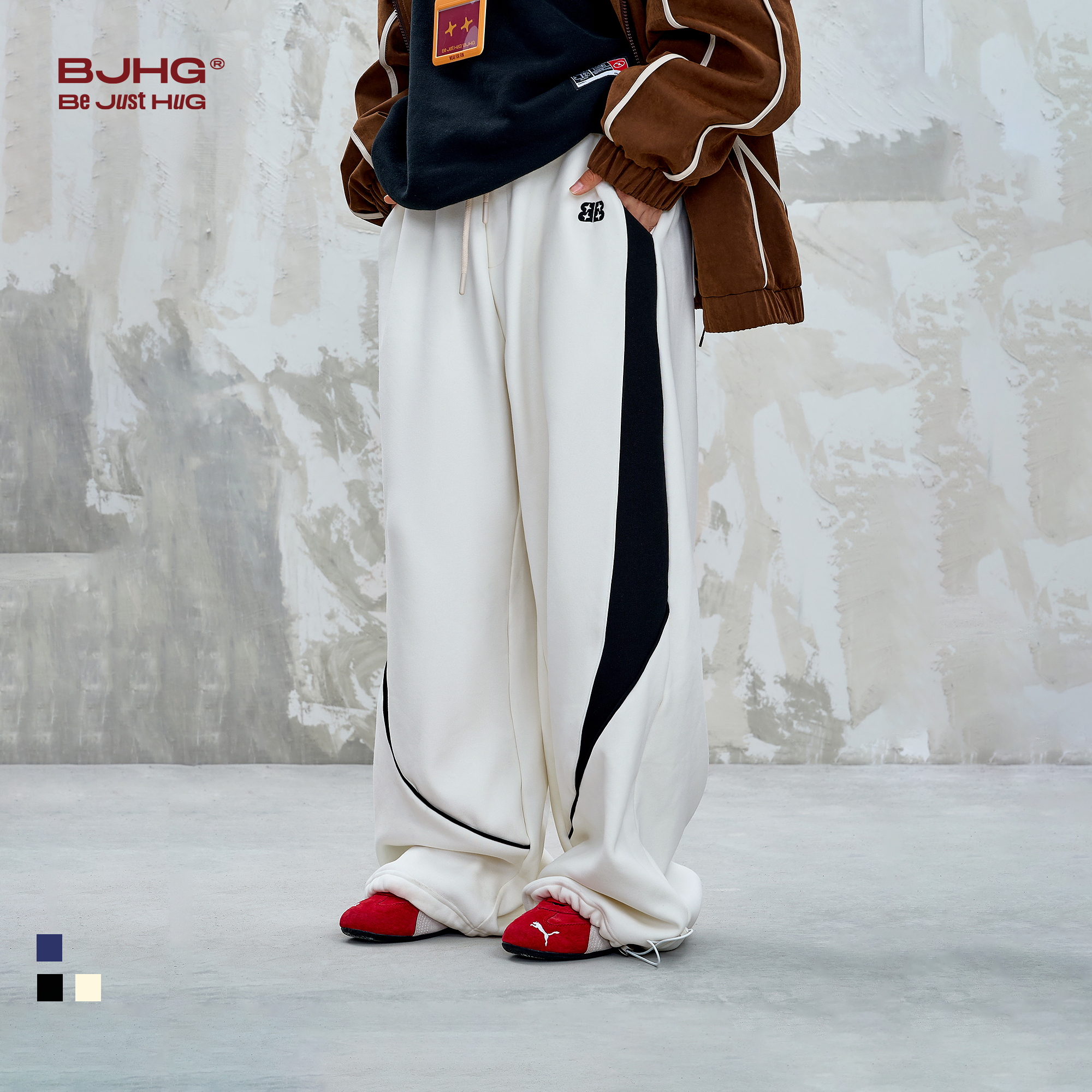 BJHG不计后果阔腿休闲裤男款秋季宽松撞色拼接设计感针织长裤女