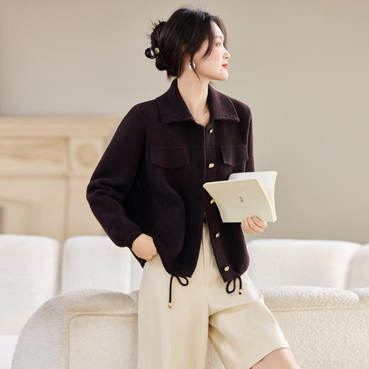 SC54-6955-1982025秋冬新款休闲翻领毛呢短外套针织开衫宽松遮肚子上衣纯色女装 商品图3