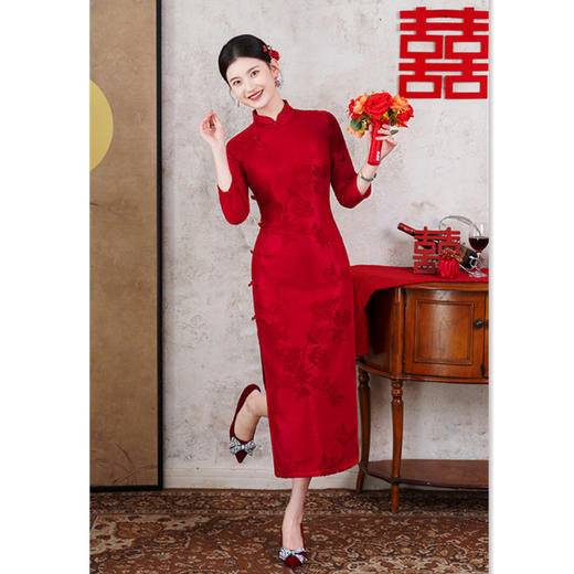 SKY 361826复古中国风立体提花加厚加绒长款七分袖旗袍 商品图3