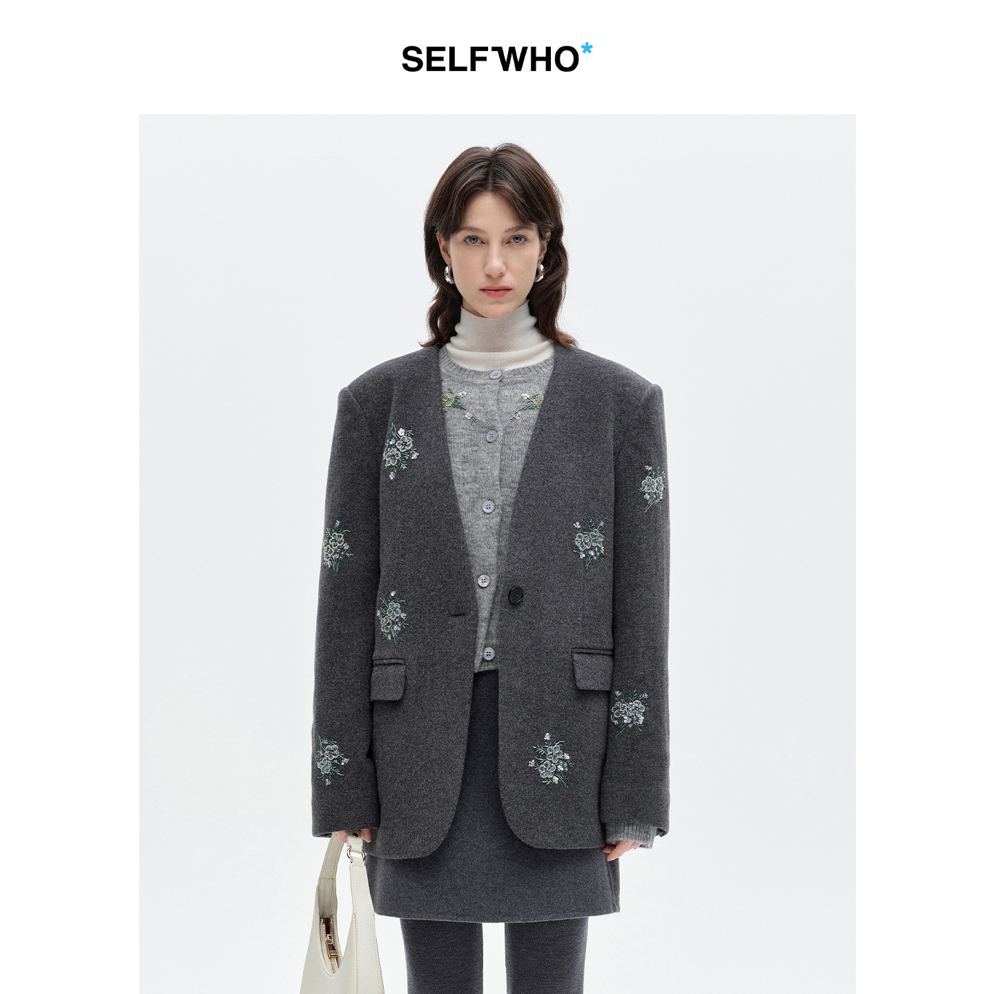 SELFWHO绵羊毛绿绒蒿花珠绣单面呢西装外套女2025冬新款无领西服