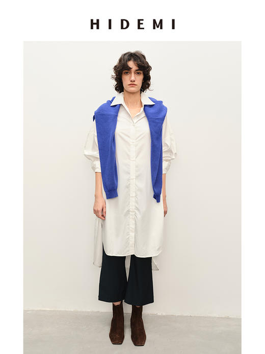 HIDEMI 不易皱清透极简大廓形oversize宽松剪刀领长款衬衫连衣裙 黑色/白色 商品图1