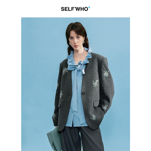 SELFWHO绵羊毛绿绒蒿花珠绣单面呢西装外套女2025冬新款无领西服 商品图4