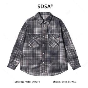 SDSA男士秋冬新款痞帅男装韩版休闲扎染格子纽扣翻领长袖衬衫百搭