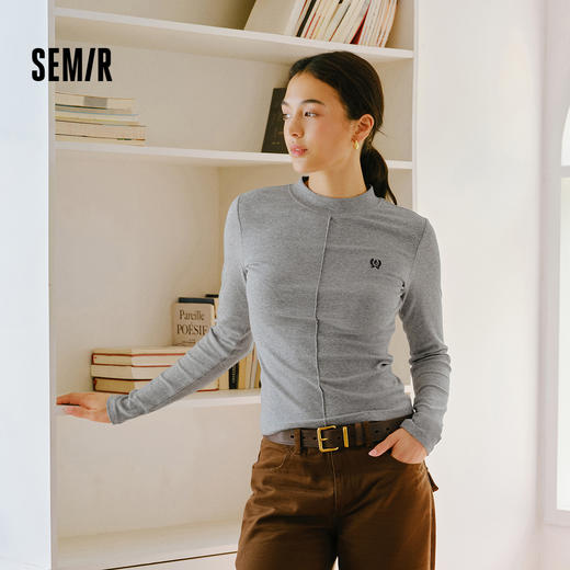 森马长袖T恤女半高领小心机分割2025冬新款刺绣紧身磨毛上衣显瘦 商品图0