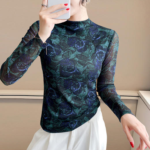 KQL A55F8700时尚纱网印花长袖半高领修身显瘦洋气T恤上衣 商品图1