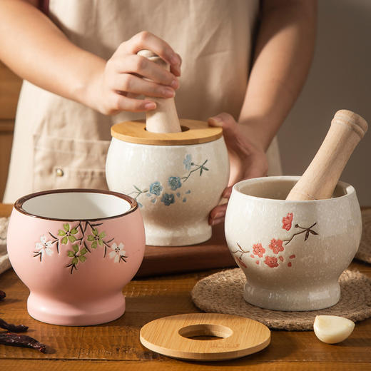 【跨境出口陶瓷捣蒜器】陶瓷捣蒜器捣药器捣蒜罐捣药罐配木棒捣碎罐压蒜器研磨器捣蒜泥臼 商品图0