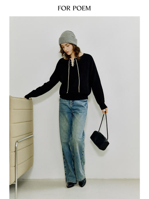 ForPoem 现货 25/FW原创设计感撞色刺绣边小V领绑带百搭针织衫上衣 商品图1