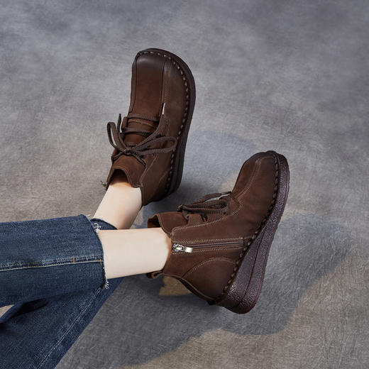 ZM 258680复古真皮圆头短靴坡跟软底妈妈鞋增高 商品图2