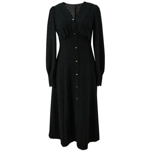 三彩2025冬季新款蕾丝V领长袖收腰连衣裙A字裙长裙气质简约S 商品图4