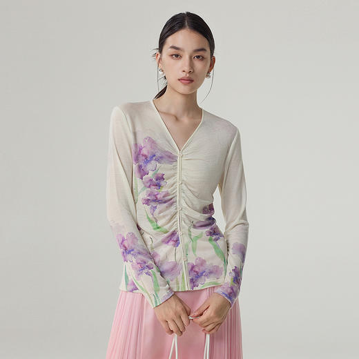 【林栖设计小店】绵羊毛织上衣优雅印花油画衫抽褶修身显瘦2025秋冬新款长袖上衣女T1954178 商品图1