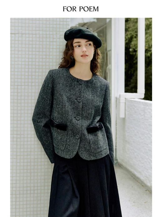 ForPoem 现货 25/FW原创设计复古灰色质感箱型短款圆领显瘦蝴蝶结外套 商品图2