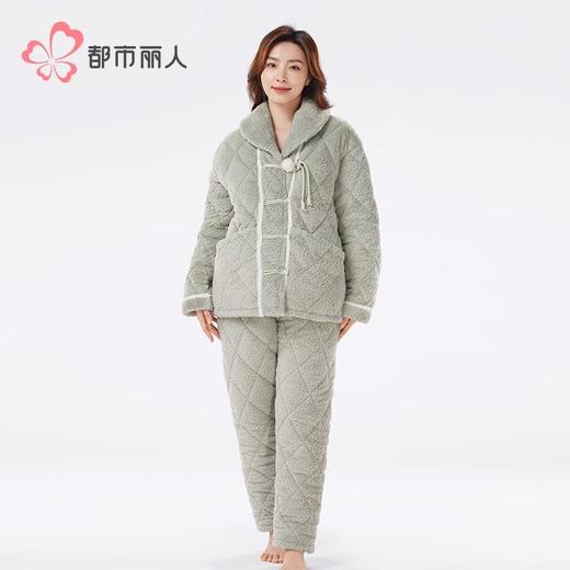 都市丽人兔毛绒烂花夹棉女士家居服长袖长裤加厚夹棉套装LHH1P1 商品图1