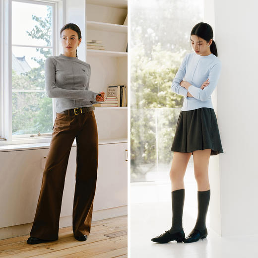 森马长袖T恤女半高领小心机分割2025冬新款刺绣紧身磨毛上衣显瘦 商品图4