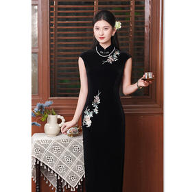SKY 361822丝绒绣花坎肩袖改良新中式日常高级感旗袍