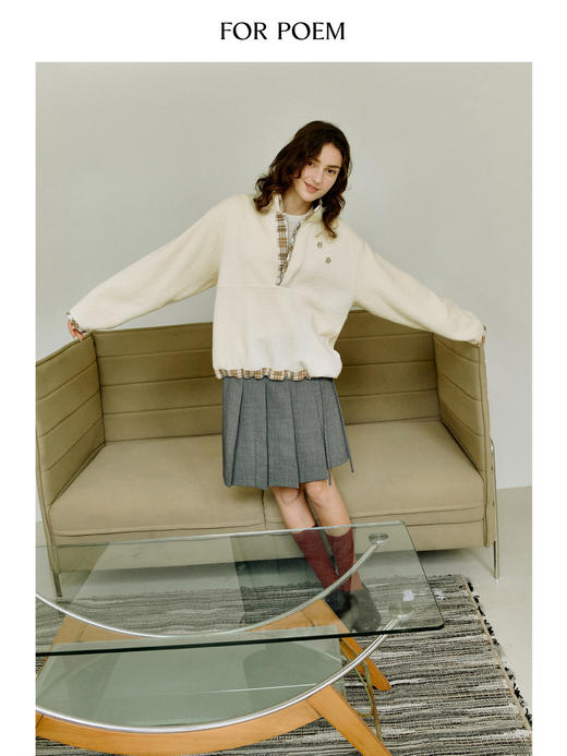 ForPoem 现货 25/FW原创设计针织羊毛格纹拼色宽松慵懒立领卫衣 商品图1