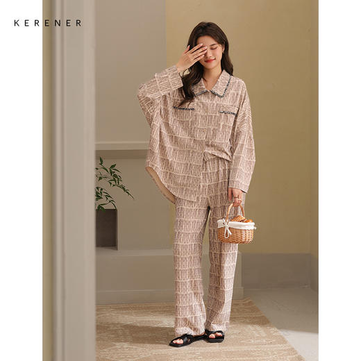 可人儿春秋季带胸垫奥力棉女士长袖长裤睡衣可外出纯棉家居服套装 商品图2