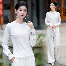 SJ8782新中式小衫2025秋季新款米色打底内搭撞色袖口刺绣国风上衣