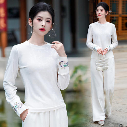 SJ8782新中式小衫2025秋季新款米色打底内搭撞色袖口刺绣国风上衣 商品图0