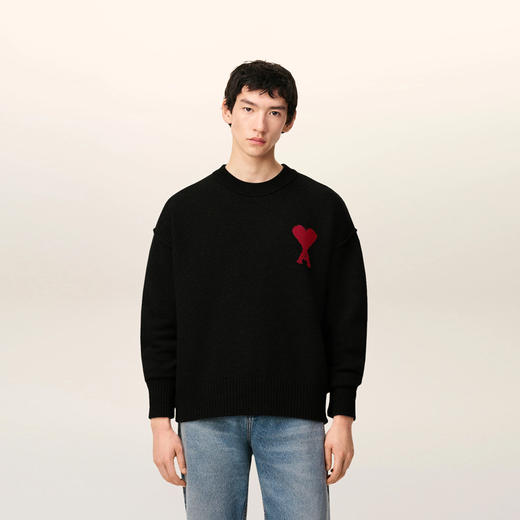 AMI 男女同款心形徽标刺绣嵌花羊毛针织衫 黑色 UKS838 018 009 商品图1