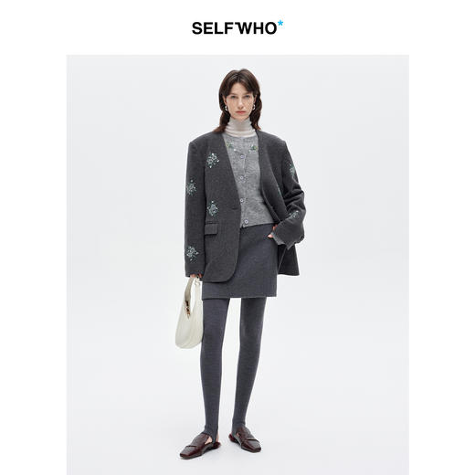 SELFWHO绵羊毛绿绒蒿花珠绣单面呢西装外套女2025冬新款无领西服 商品图1
