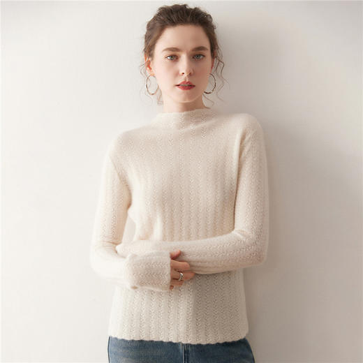 「高货QJ」全新升级【铂金会员404/天猫539/差价135】(92115)洛诗琳半高领树叶纹提花羊绒衫2025秋冬新款修身显瘦毛衣 商品图2