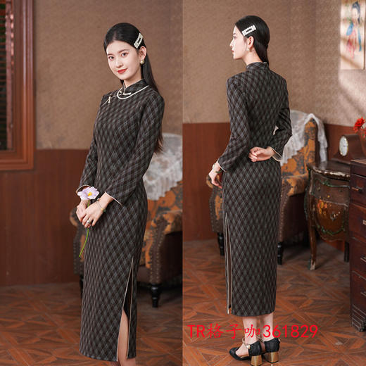SKY 361829复古国风长款格子七分袖旗袍修身气质 商品图2