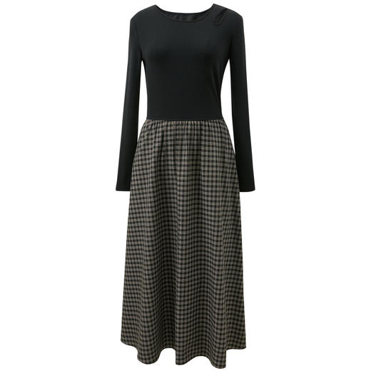 三彩2025冬季新款镂空圆领拼接格纹连衣裙收腰假两件A字裙长裙M 商品图4