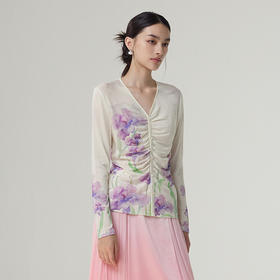 【林栖设计小店】绵羊毛织上衣优雅印花油画衫抽褶修身显瘦2025秋冬新款长袖上衣女T1954178