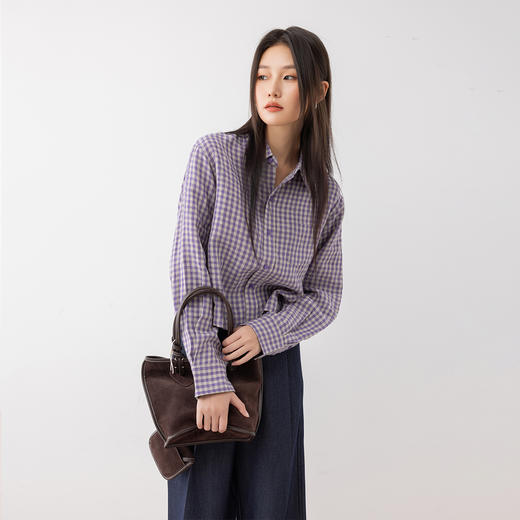 COCO ZONE"薰衣草"100亚麻时尚POLO领格子衬衫女复古上衣 CC1A0623 商品图1